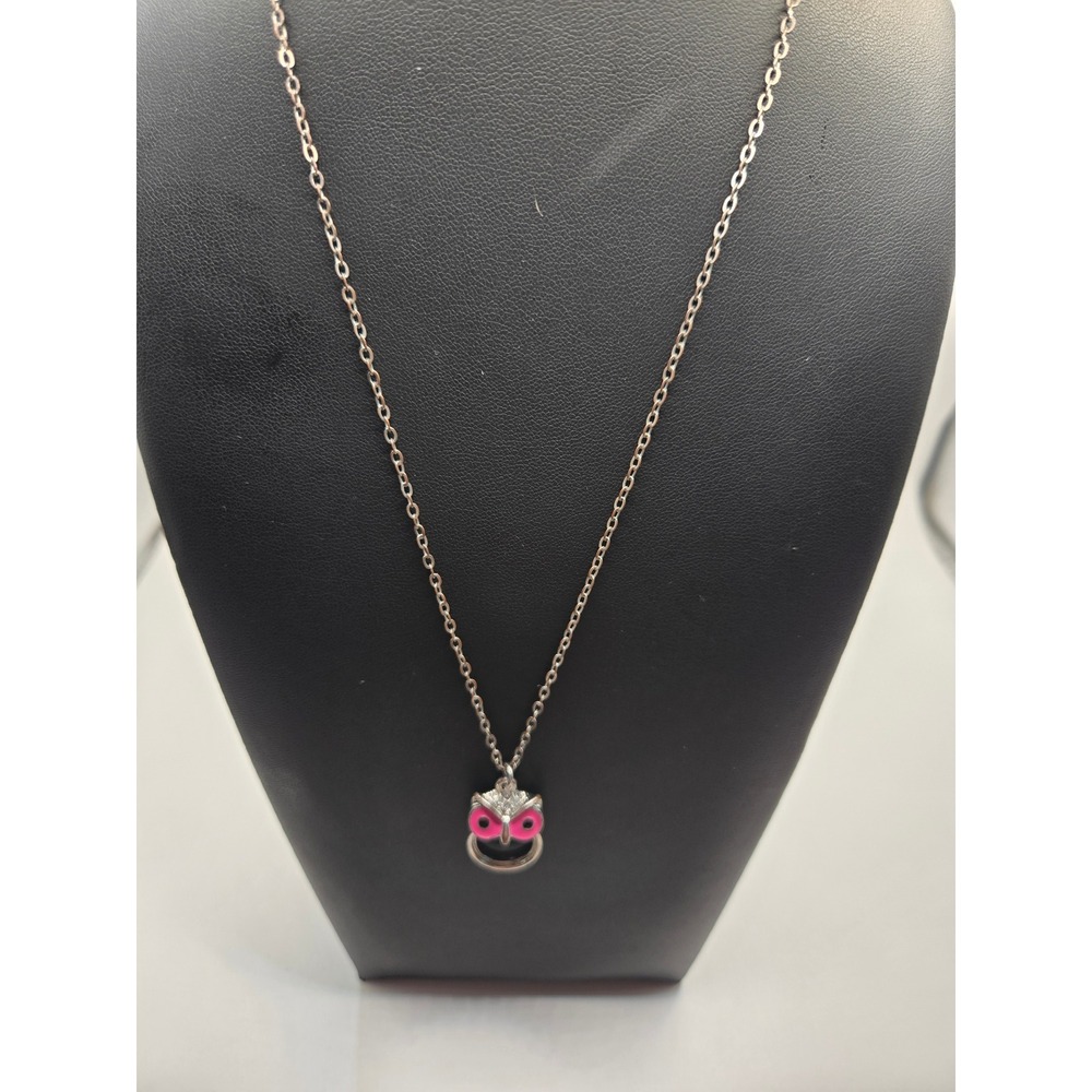 Silver Tone Owl Pendant Necklace Pink Glow Enamel Rhinestone Eyes 19 Inch Chain